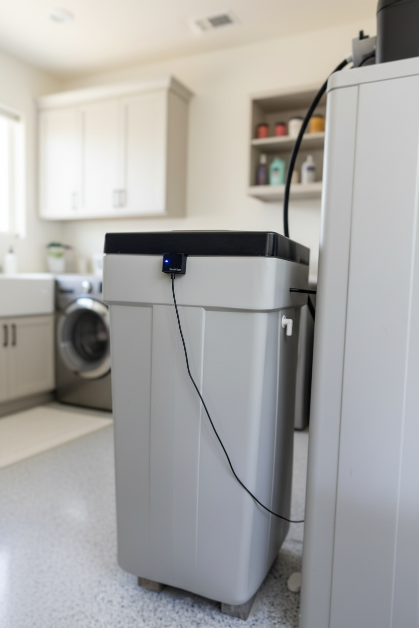 BrinePulse sensor installed on a water softener brine tank in a laundry room