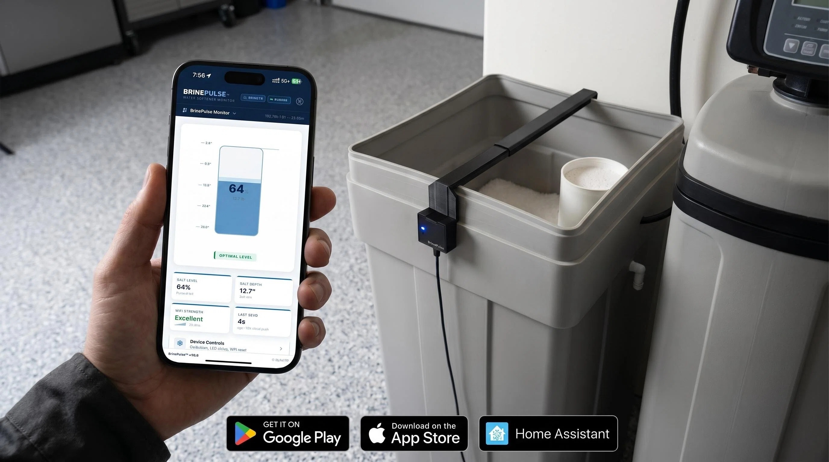 BrinePulse sensor mounted on a water softener brine tank